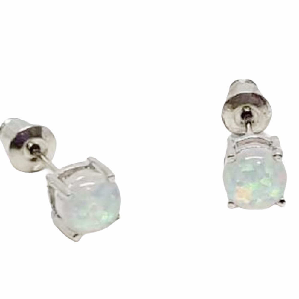 White Fire Opal Round Cut Stud Set Sterling Silver Earrings